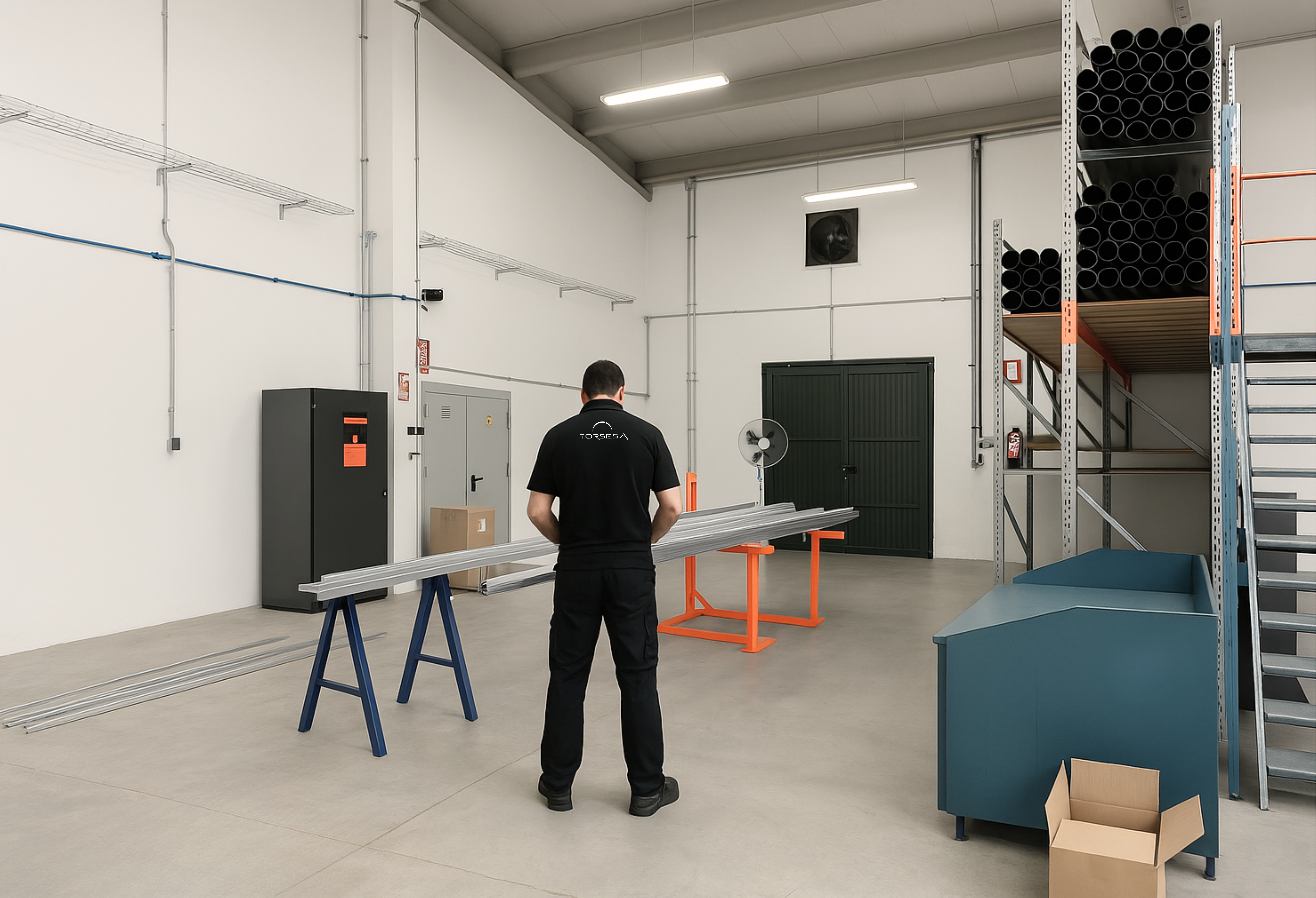 Torsesa, nave industrial, operario técnico, instalación eléctrica, canaletas, tubos metálicos, organización, espacio limpio, estructura metálica, estanterías industriales, materiales de montaje, ambiente profesional, zona de trabajo segura, eficiencia, crecimiento técnico.