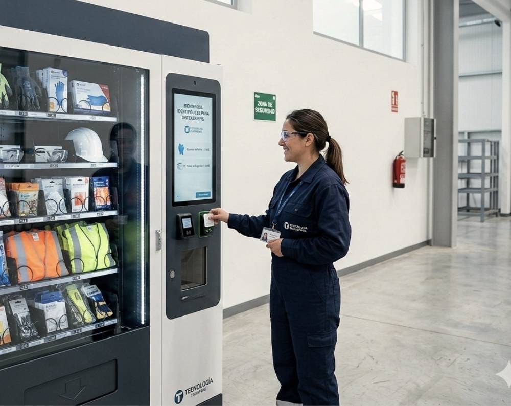 Trabajadora utilizando un dispensador automatizado de EPIs en entorno industrial, con control por tarjeta y acceso a guantes, cascos y mascarillas.
